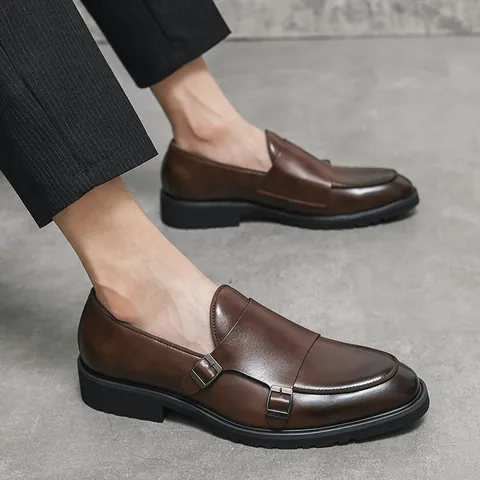 Heren Dubbele Monk Gesp Zakelijke Formele Schoenen PU Leer Ronde Neus Plateau Loafers Kantoor Nette Schoenen Retro Mode Schoeisel