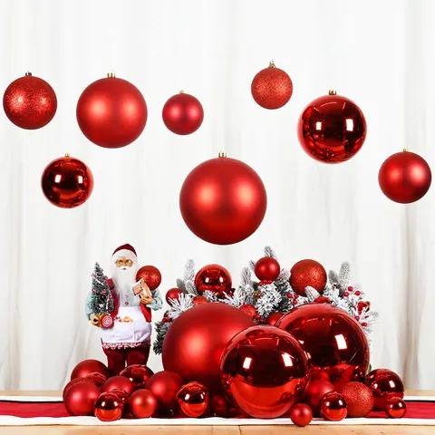 Red Christmas Ball Ornaments Set For Holiday Atmosphere PVC Glossy Matte Glitter Decorative Hanging Balls For Xmas Tree Party Home Ceiling Decor