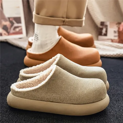Zapatos de Algodón Half-Drag de Lujo para Hombre con Forro de Polar Mules Cálidos Estilo Birkenstock Mocasines de Microfibra Ante Slip-On