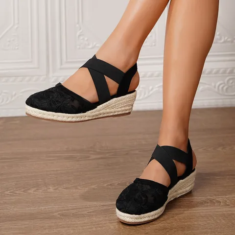 Sandalias de Cuña con Bordado Floral para Mujer Malla Transpirable Correas Cruzadas Zapatos Alpargatas Plataforma Vacaciones