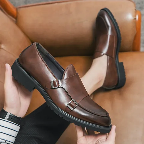 Heren Dubbele Monk Gesp Zakelijke Formele Schoenen PU Leer Ronde Neus Plateau Loafers Kantoor Nette Schoenen Retro Mode Schoeisel
