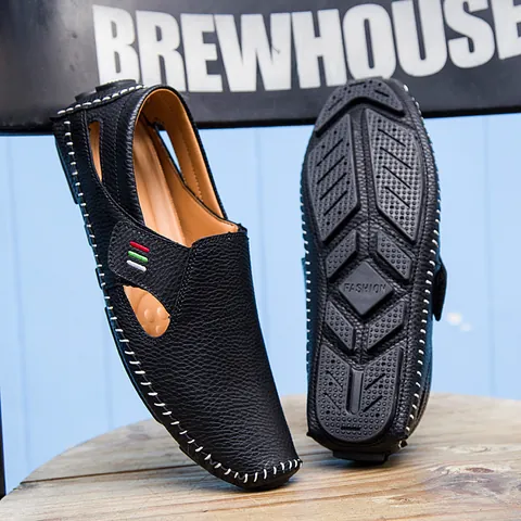 Men's Casual Slip-on Loafers Leather Hollow Out Driving Shoes Breathable Lightweight Hand Stitched Flat Walking Shoes Outdoor Beach