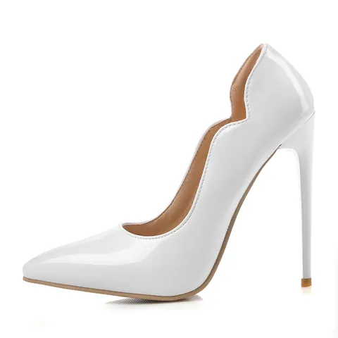 Escarpins Élégants en PU Verni Blanc pour Femmes Talon Aiguille Bout Pointu Bords Festonnés Chaussures de Mariage Fête Bureau