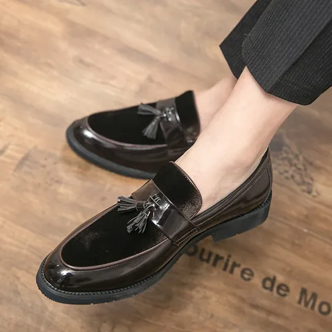 Men's Business Casual Patent Leather Tassel Loafers British Style Slip-on Height Increasing Formal Wedding Shoes