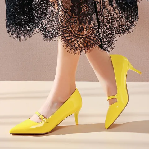 Zapatos de Tacón de Charol para Mujer con Punta Estrecha Mary Jane Estilo Elegante de Tacón de Aguja Medio para Fiesta Tallas Grandes