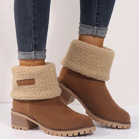 Women Winter Snow Boots Faux Suede Faux Lamb Wool Folded Cuff Mid-Calf Boots High Block Heel Thick Sole Warm Cotton Shoes