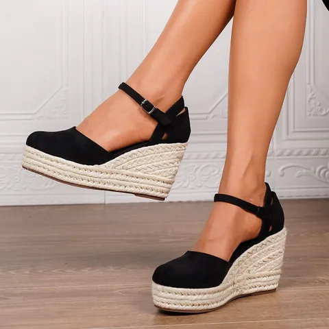 Women Fashion Closed Toe Wedge Sandals High Platform Espadrilles Bohemian Hemp Rope Straw Weave Ankle Strap Sandals