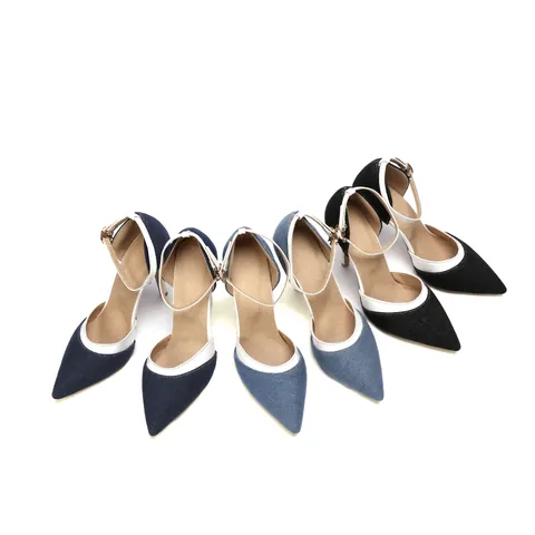 Niche Design Denim Pointed Toe Stiletto Pumps Women High Heels With Ankle Strap Contrast Piping Slingback Occasion Shoes