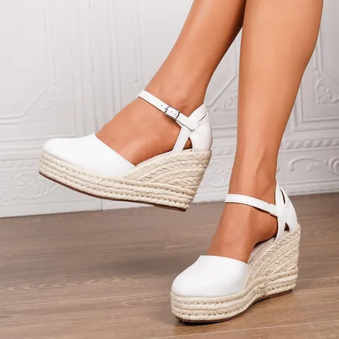 Women Fashion Closed Toe Wedge Sandals High Platform Espadrilles Bohemian Hemp Rope Straw Weave Ankle Strap Sandals