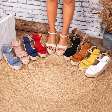 Women Suede Wedge Espadrilles Platform Sandals Ankle Strap Buckle Woven Straw High Heel Summer Casual Roman Style Beach Shoes