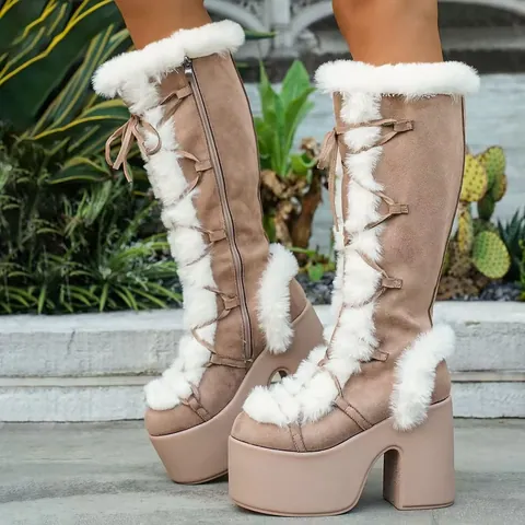 Gothic Lolita Platform Snow Boots Women Suede Faux Fur High Heel High Top Boots Winter Warm Padded Thick Sole Fashion Shoes