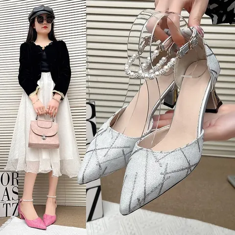 French Elegant Pointed Toe Chunky Heel Sandals With Pearl Ankle Strap Glitter Fabric Banquet Wedding High Heels For Women