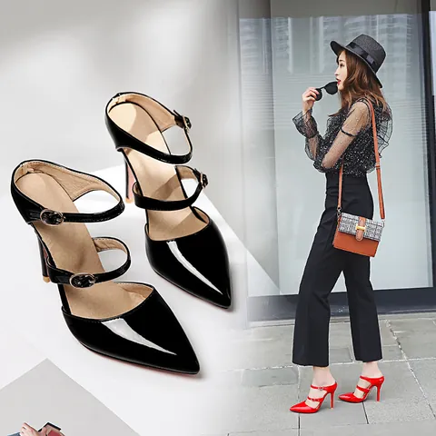 Women's Sexy Pointed Toe Stiletto Sandals Patent Leather Double Buckle Straps Roman Style High Heels Summer Party Dress Shoes