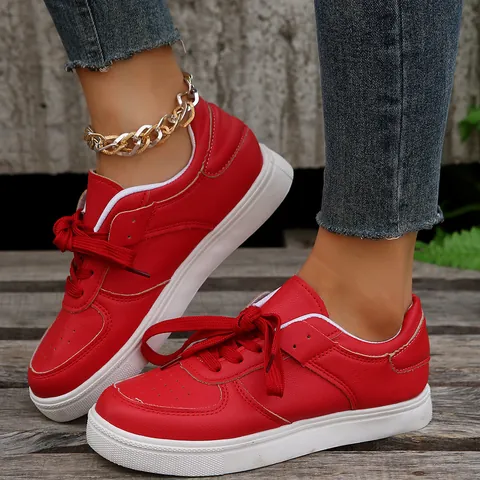 Zapatillas de Cuero PU para Mujer Plataforma Zapatos Casuales Planos con Cordones Punta Redonda Color Sólido Zapatillas Deportivas