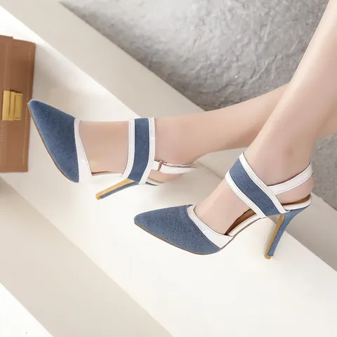 Tacchi a Spillo a Punta Francesi Donna Denim Colore a Contrasto Sandali Slingback Tacchi Alti Sexy Eleganti Scarpe da Sposa