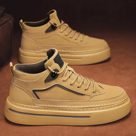 Chaussures Décontractées Montantes en Cuir pour Hommes Mode Style Britannique Bottes Martin à Lacets Toutes Saisons Sneakers à Semelle Épaisse