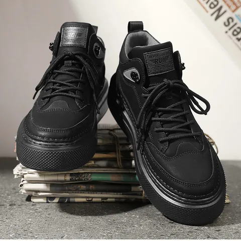 Chaussures Décontractées Montantes en Cuir pour Hommes Mode Style Britannique Bottes Martin à Lacets Toutes Saisons Sneakers à Semelle Épaisse