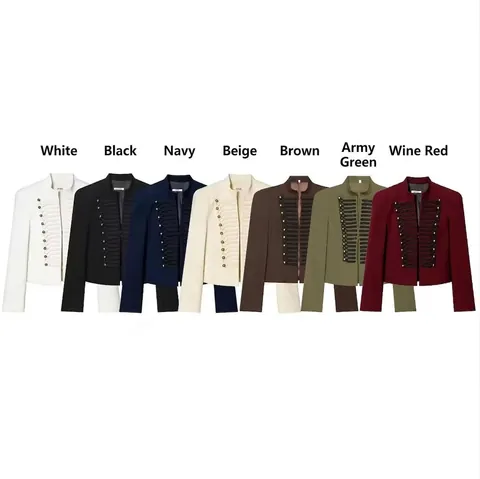 Women Vintage Military Style Blazer Jacket Slim Fit Padded Shoulder Gold Button Frogging Stand Collar Short Blazer Coat Outerwear