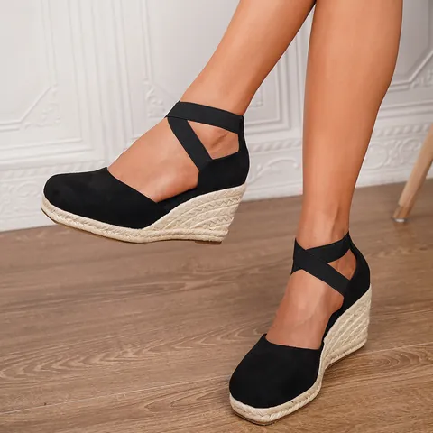 Sandalias de Cuña Espadrille para Mujer Plataforma Tacones Altos Correa Cruzada Elástica Parte Superior de Gamuza Zapatos de Playa
