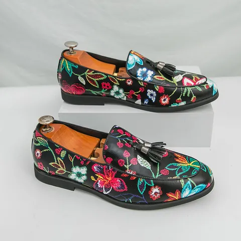 Men Fashion Tassel Loafers Chinese Style Flower Print Synthetic Leather Shoes Slip-on Business Casual Dress Shoes For Men