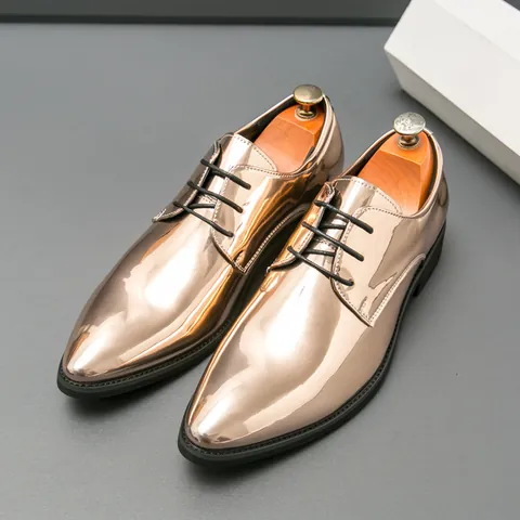 Men's Pointed Toe Glossy Patent Leather Derby Shoes Mirror Finish Lace-up Dress Shoes For Nightclub Banquet Fashion Party