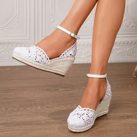 Sandalias de Cuña con Encaje de Ganchillo para Mujer Esparteñas Tacón Alto Punta Redonda Correa al Tobillo Zapatos Casuales