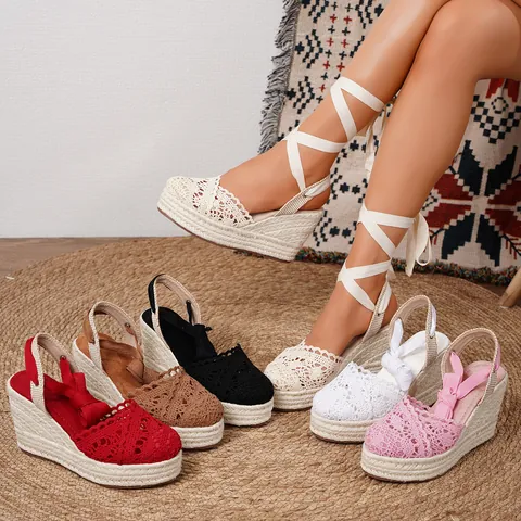 Sandalias de Cuña Espadrille para Mujer Encaje de Ganchillo Lazada al Tobillo Plataforma Verano Bohemio Playa Zapatos
