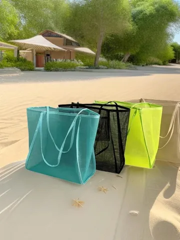 Summer Large Capacity Breathable Mesh Tote Bag Women Hollow Out Shoulder Bag Lightweight Casual Beach Bag Handbag