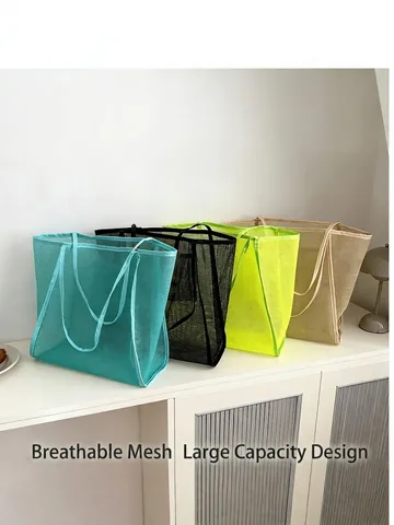 Summer Large Capacity Breathable Mesh Tote Bag Women Hollow Out Shoulder Bag Lightweight Casual Beach Bag Handbag