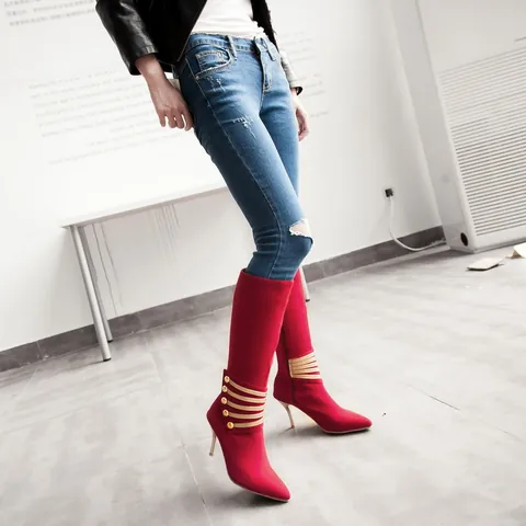 Stivali Alti da Donna in Scamosciato Punta Accuminata Tacco a Spillo Fibbie in Metallo Stile Retrò Cerniera Laterale Moda Stivali Sopra il Ginocchio