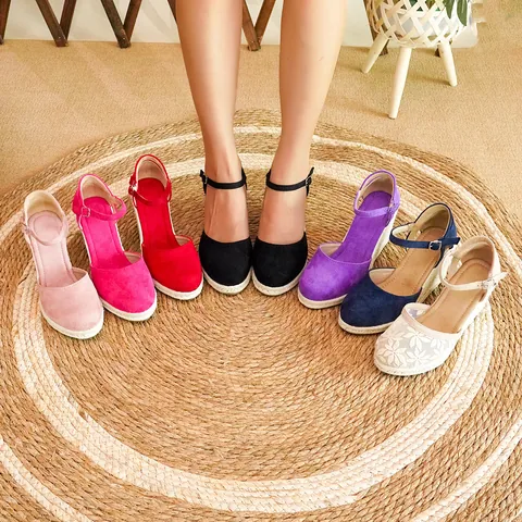 Women Fashion Wedge Sandals Closed Toe Espadrilles Ankle Strap Platform Straw Rope Sandals High Heels Shoes
