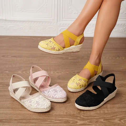Sandalias de Cuña con Bordado Floral para Mujer Malla Transpirable Correas Cruzadas Zapatos Alpargatas Plataforma Vacaciones