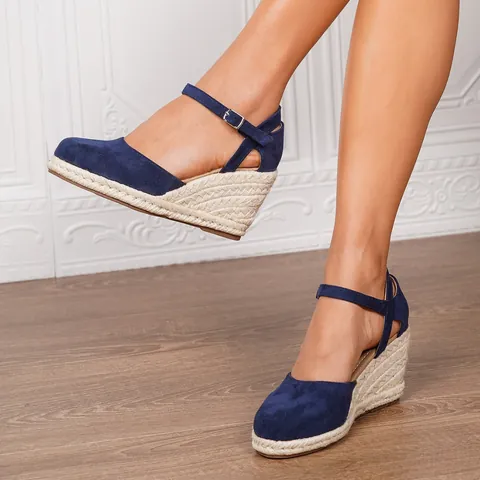 Women Fashion Wedge Sandals Closed Toe Espadrilles Ankle Strap Platform Straw Rope Sandals High Heels Shoes