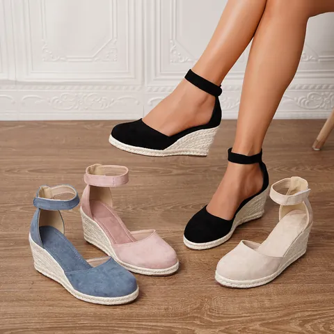 Sandalias de Cuña Esparteñas Bohemias para Mujer Punta Redonda Correa al Tobillo Plataforma Verano Playa Vacaciones