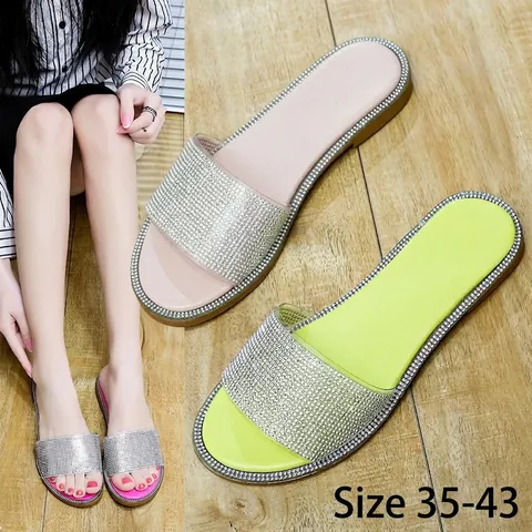 Dames Strass Platte Pantoffels Zomer Koreaanse Mode PU Rubberen Zool Slangenprint Strand Slippers Casual Sandalen Voor Dames