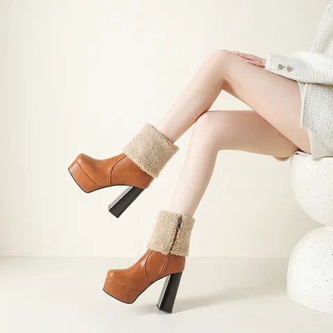 Women Winter Fleece Lined Chunky Heel Ankle Boots Platform High Heel Synthetic Leather Boots With Faux Fur Collar