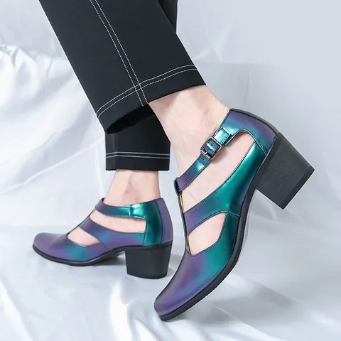 Men Fashion T-Strap Heeled Sandals Designer Metallic Mirror Microfiber Leather Cutout Summer Shoes Plus Size