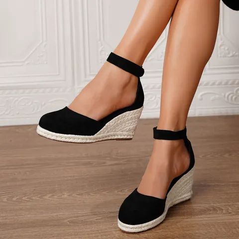 Sandalias de Cuña Esparteñas Bohemias para Mujer Punta Redonda Correa al Tobillo Plataforma Verano Playa Vacaciones