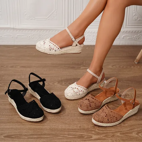 Sandalias Espadrilles de Crochet para Mujer Bohemio Sandalias de Cuña Caladas Punta Redonda Tejido de Paja Zapatos Casuales