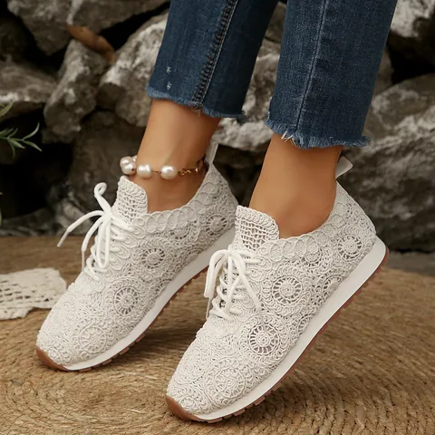 Women Floral Lace Mesh Breathable Casual Sneakers Flat Low Top Lace Up Walking Shoes Mesh Fabric Daily Outdoor Comfortable Shoes
