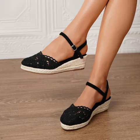 Sandalias Espadrilles de Crochet para Mujer Bohemio Sandalias de Cuña Caladas Punta Redonda Tejido de Paja Zapatos Casuales