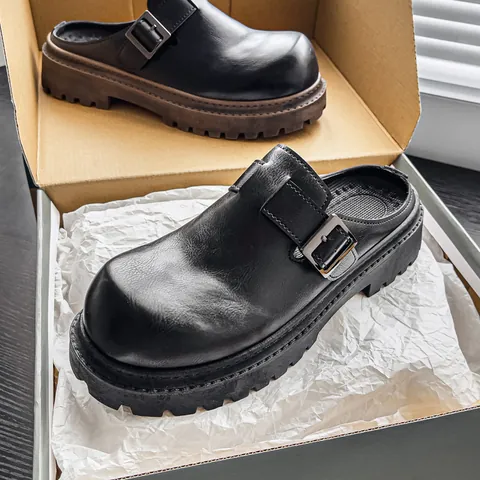 Mules de Cuero de Microfibra de Lujo para Hombre con Hebilla Suela Chunky Transpirable Mocasines Casual Designer Estilo Birkenstock