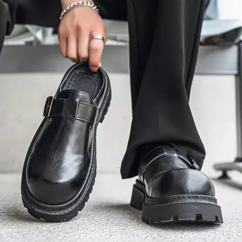 Mules de Cuero de Microfibra de Lujo para Hombre con Hebilla Suela Chunky Transpirable Mocasines Casual Designer Estilo Birkenstock