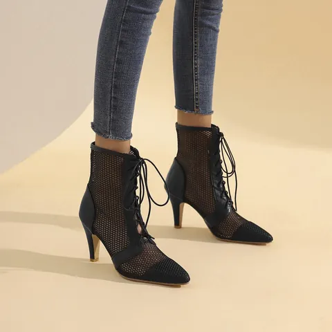 Stivaletti da Donna in Rete a Punta con Allacciatura Traspiranti Traforati Sandali con Tacco Alto Calzature Minimaliste Primavera Estate