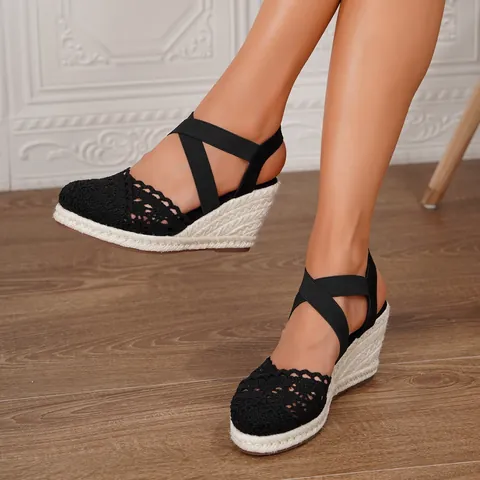 Sandalias de Cuña para Mujer Punta Cerrada Plataforma Esparteñas Encaje de Ganchillo Tacón Alto Correa Elástica Cruzada al Tobillo Zapatos Bohemios de Playa