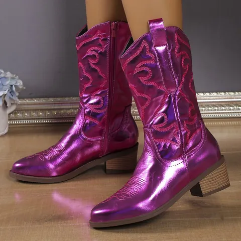 Women Mid-Calf Western Cowboy Boots Pointed Toe Chunky Block Heel Side Zipper Metallic PU Leather Embroidered Fashion Martin Boots
