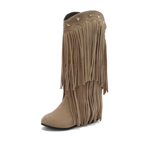 Women Suede Fringed Mid-calf Boots Round Toe Wedge Heel Star Rivet Boots Autumn Fashion Hidden Height Increasing Footwear