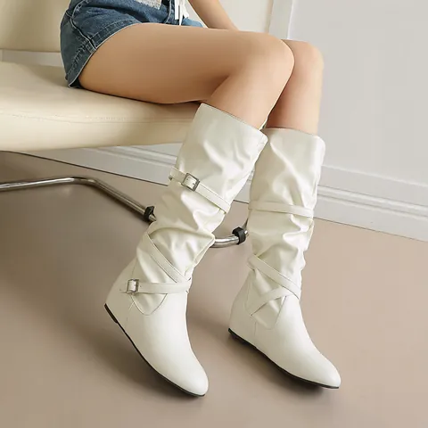 Women Retro Slouchy Mid-Calf Boots Fashion PU Leather Knight Boots With Belt Buckle Flat Tall Boots For Autumn Winter