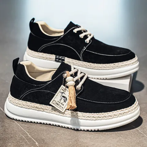 Men's Platform Sneakers Spring Summer Woven Fabric Breathable Thick Sole Work Casual Shoes Loafers With Tassel Pendant For Men