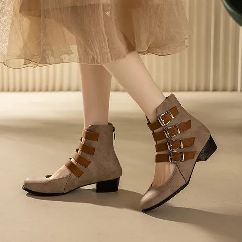 Women's Vintage Roman Style Mary Jane Block Heel Boots Round Toe Hollow Out Buckle Strap Back Zipper PU Leather Mid-Calf Shoes